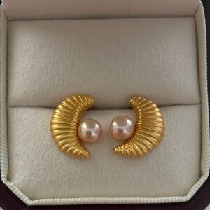 Gold Crescent Pearl Earrings | Sterling Silver Posts | Christmas Gift for Her